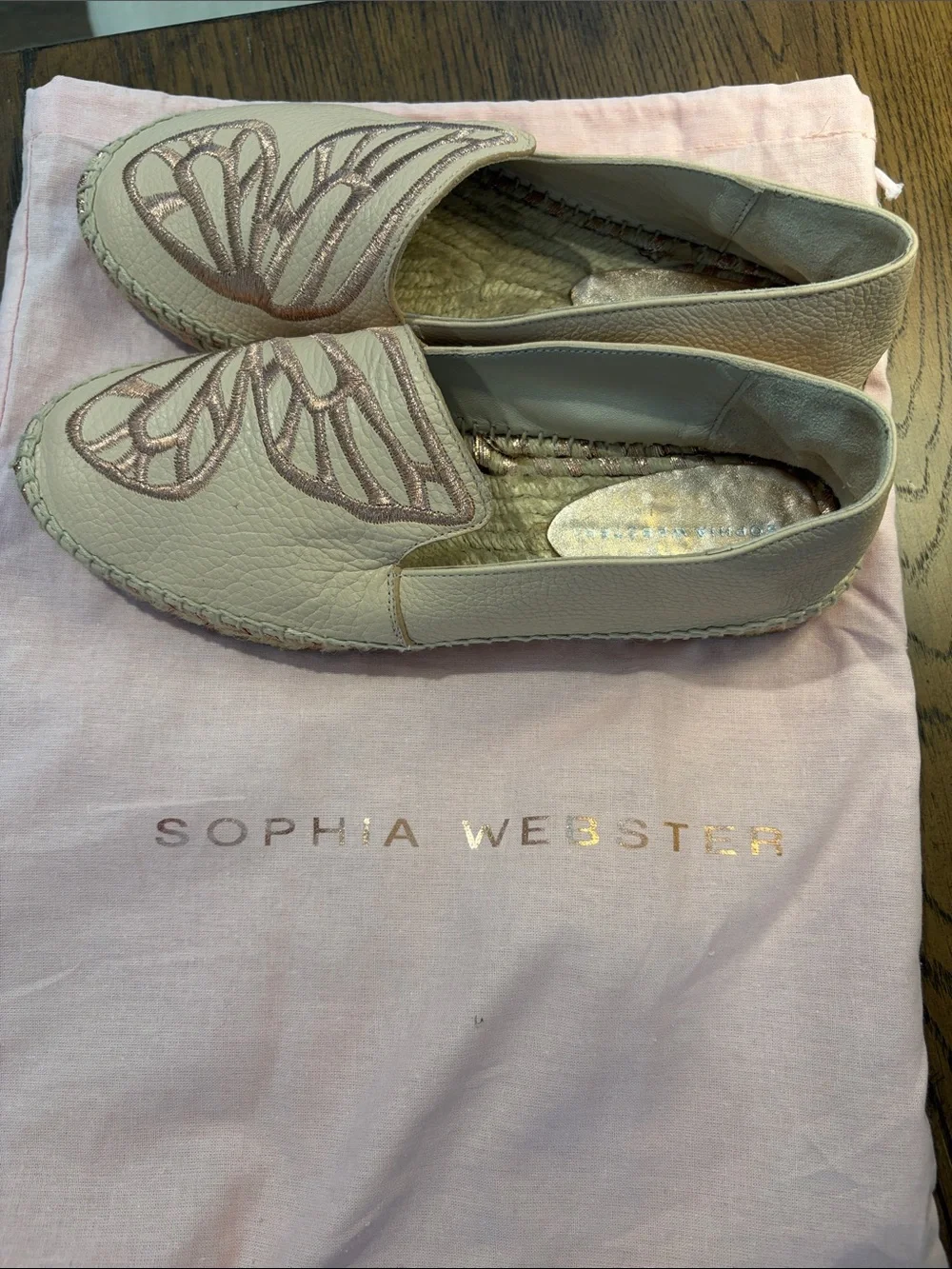 Sophia Webster Cream Espadrille Flats with Metallic Pink Butterfly
